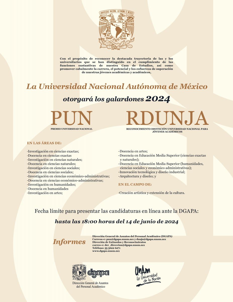 La Universidad Nacional Autónoma de México otorgará los galardones 2024 PUN PREMIO DNACIONAI RDUNJA
