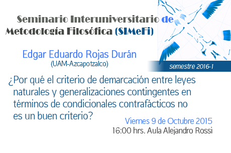 Edgar Eduardo Rojas Durán (UAM-Azcapotzalco).  ¿Por qué el criterio de demarcación entre leyes naturales y generalizaciones contingentes en términos de condicionales contrafácticos no es un buen criterio?