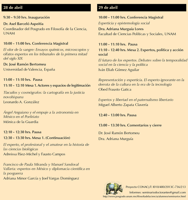 Sala José Gaos, Instituto de Investigaciones Filosóficas, UNAM Lunes 28 y Martes 29 de Abril, 9:30 – 13:30 hrs.  Conferencias Magistrales: Dr. José Ramón Bertomeu Sánchez (Universidad de Valencia, España) Lunes 28, 10:00 hrs.  Dra. Adriana Murguía Lores (Facultad de Ciencias Políticas y Sociales, UNAM) Martes 29, 10:00 hrs.  Proyecto CONACyT: I010/480/2013C-736/213