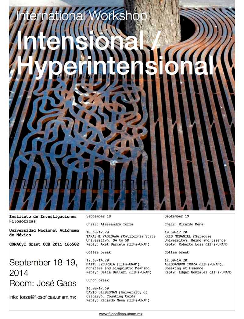 INTERNATIONAL WORKSHOP: INTENSIONAL / HYPERINTENSIONAL  September 18  Chair: Alessandro Torza  10.30-12.20 TAKASHI YAGISAWA (California State University) S4 to 5D Reply: Axel Barceló (IIFs-UNAM)  Coffee break  12.30-14.20 MAITE EZCURDIA (IIFs-UNAM) Monsters and Linguistic Meaning Reply: Delia Belleri (IIFs-UNAM)  Lunch break  16.00-17.50 DAVID LIEBESMAN (University of Calgary) Counting Cards Reply: Ricardo Mena (IIFs-UNAM)   September 19  Chair: Ricardo Mena  10.30-12.20 KRIS MCDANIEL (Syracuse University) Being and Essence Reply: Roberto Loss (IIFs-UNAM)  Coffee break  12.30-14.20 ALESSANDRO TORZA (IIFs-UNAM) Speaking of Essence Reply: Edgar González (IIFs-UNAM)